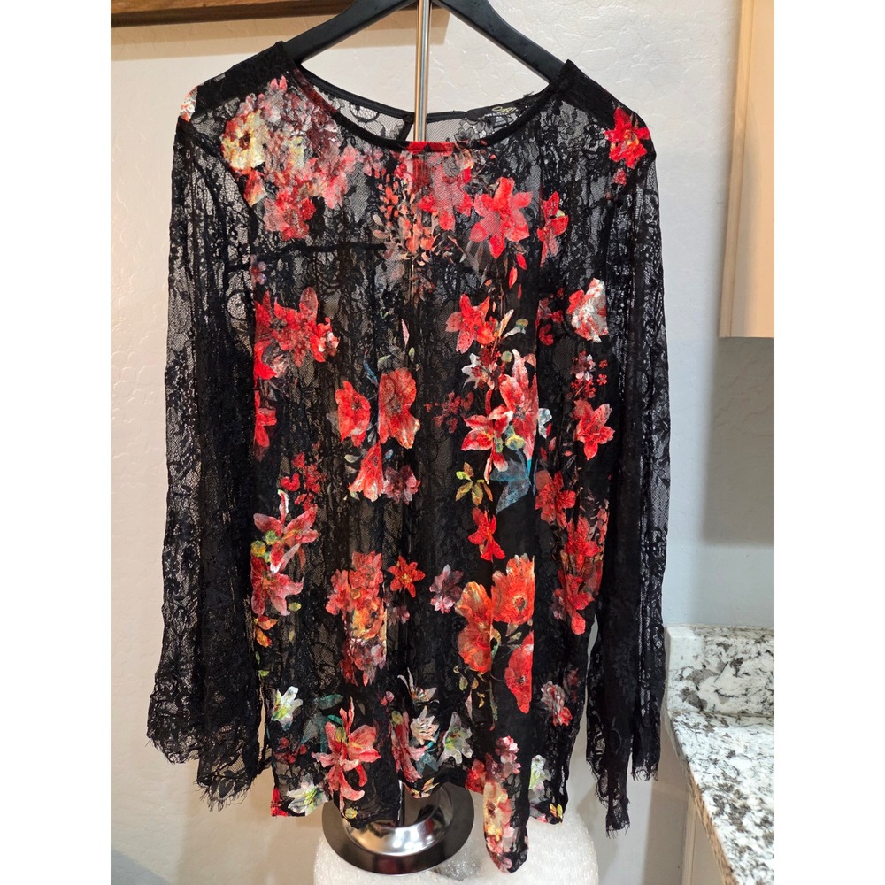 Vintage Sloane Rouge Black Floral Lace Bell Sleeve Blouse Top Red Orange 4X